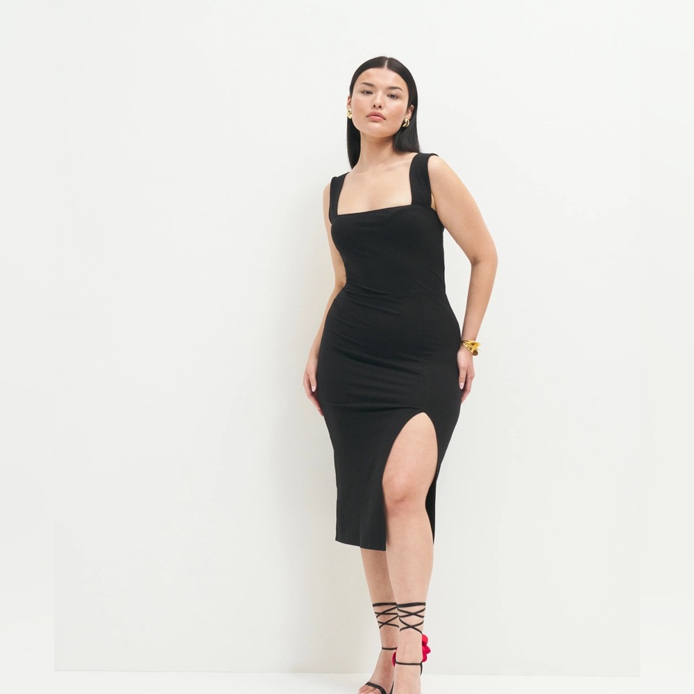 Reformation Black Square-Neck Midi Dress with Thigh Slit